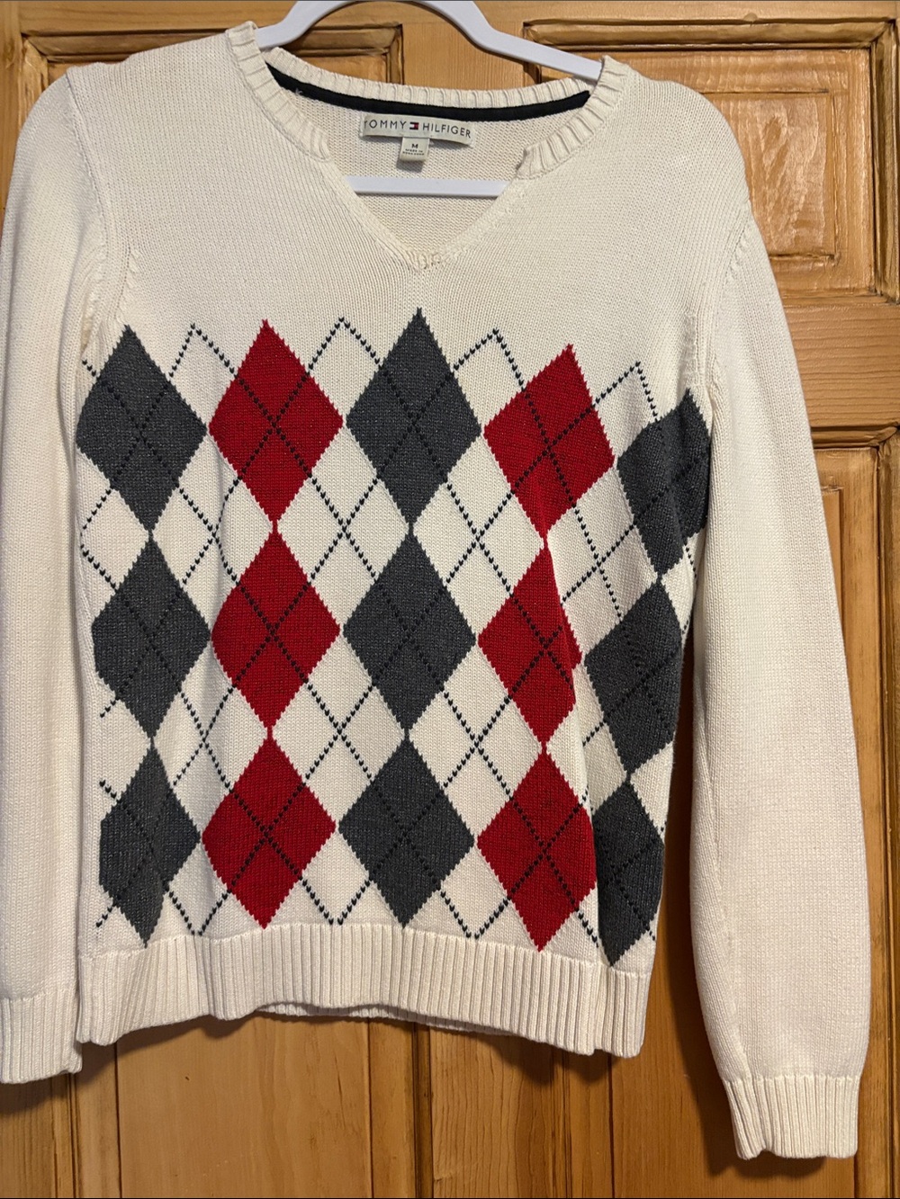 Tommy Hilfiger Cream Argyle V-Neck Sweater with Red & Gray Diamonds